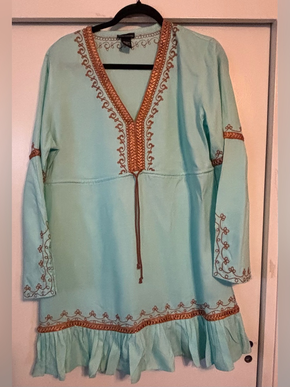 Light Teal Gold Embroidered V-Neck Cover Up Dress Women’s Medium